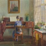 Living room interior with a woman playing the piano by 
																			Robert Panitzsch