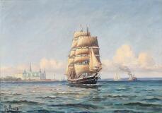 Ships off the coast of Helsinore, with Kronborg Castle in the distance by 
																			Frants Landt