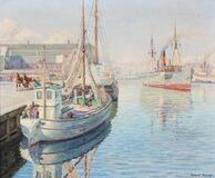 Cutters and a steamships in Copenhagen Harbour by 
																			Robert Panitzsch
