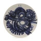 Circular ceramics dish decorated with blue glazed motif and transparent glaze by 
																			Peter Tybjerg