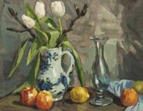 Still life with a vase and tulips in a Chinese pitcher by 
																			Mogens Vantore