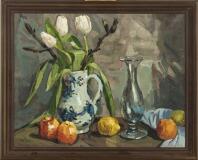 Still life with a vase and tulips in a Chinese pitcher by 
																			Mogens Vantore