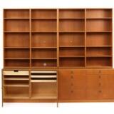 Wall unit of oak consisting of cabinet chest of drawer and two bookcases by 
																			 C M Madsen