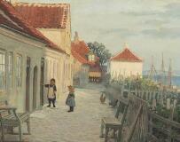 Summerday with two little girls in front of a house by 
																			Valdemar Magaard