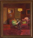 Interior with a woman reading by the lamp by 
																			Robert Panitzsch