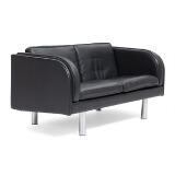 Free-standing two-seater sofa sides back and loose cushions with black leather chromium-plated metal legs by 
																			Jorgen Gammelgaad
