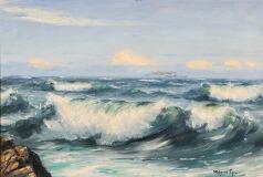 Seascape with waves against the coast and a steam ship in the distance by 
																			Mogens Ege