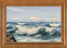 Seascape with waves against the coast and a steam ship in the distance by 
																			Mogens Ege