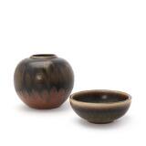Stoneware vase and bowl decorated with brown glazes with ochre elements by 
																			Carl Halier