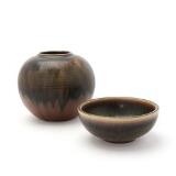 Stoneware vase and bowl decorated with brown glazes with ochre elements by 
																			Carl Halier