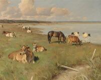 Landscape with a horse and cows in a bay by 
																			Knud Edsberg