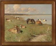 Landscape with a horse and cows in a bay by 
																			Knud Edsberg