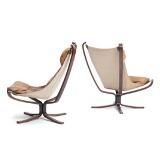 Falcon, A pair of dark stained wooden highback easy chairs and stool by 
																			 Vatne Mobler