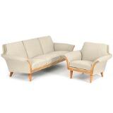 Freestanding three seater sofa and easy chair with oak frame by 
																			 S M Wincrantz