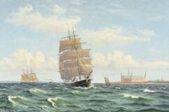 Seascape with steam- and sailing boats out side Kronborg Castle by 
																			Frants Landt