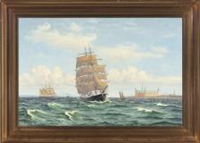 Seascape with steam- and sailing boats out side Kronborg Castle by 
																			Frants Landt