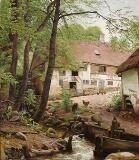 View from a thatched cottage with a water mill by 
																			Emil Wennerwald