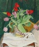 Still life with tulips on a table by 
																			Edvard Olund-Hansen