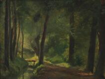 Forest with sunlight in a stream by 
																			Carl Frederic Aagaard