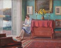 Living room interior with a woman reading by 
																			Robert Panitzsch