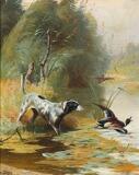 A hunting dog chasing ducks in a pond by 
																			Adolf Mackeprang