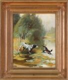 A hunting dog chasing ducks in a pond by 
																			Adolf Mackeprang