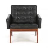 Easy chair and two seater sofa with rosewood frame. Upholstered with black leather fitted with buttons by 
																			Ole Gjerlov-Knudsen