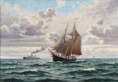 Seascape With a Sailing Ship and Steamboat by 
																			Frants Landt