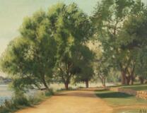 A sunlit road between trees by 
																			August Haerning