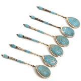 Six late 19th century Russian silver coffee spoons decorated with cloisonné enamel by 
																			Ivan Saltykov