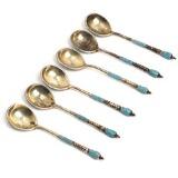 Six late 19th century Russian silver coffee spoons decorated with cloisonné enamel by 
																			Ivan Saltykov