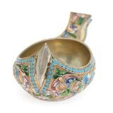 A small Russian silvergilt and shaded cloisonné enamel kovsh, of oval form with hook handle by 
																			Ivan Saltykov