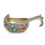 A small Russian silvergilt and shaded cloisonné enamel kovsh, of oval form with hook handle by 
																			Ivan Saltykov