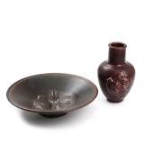 A Royal Copenhagen stoneware dish and vase decorated with sung and oxblood glaze by 
																			Jais Nielsen