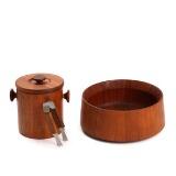 Staved teak salad bowl and ice bucket with ice tongs by 
																			Harald Erik Einar Quistgaard