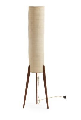 A three-legged teak floor lamp with cylindrical shade covered with hessian by 
																	Ib Fabiansen