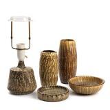 Two stoneware vases, two bowls and a tablelamp by 
																			 Rorstrand