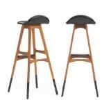 Five teak bar stools with metal legs by 
																			 Oddense Maskinsnedkeri