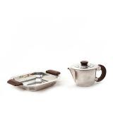Teapot and dish of silver plated metal with wooden resp by 
																			Ravinet D'Efert