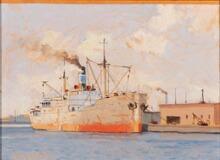 Harbour scene at summertime with a moored passenger ship by 
																			Victor Quistdorff