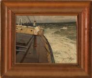 Seascape with a cargo ship in rough seas by 
																			Victor Quistdorff