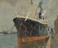 Harbour Scenery With A Moored Freighter by 
																			Victor Quistdorff