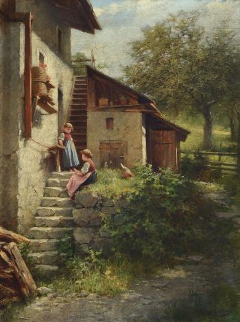 Two girls on the stairs in front of the farmhouse, on the right side the garden by 
																			Adolf Lubben
