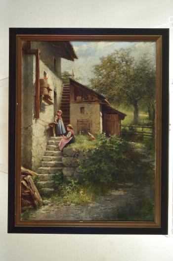 Two girls on the stairs in front of the farmhouse, on the right side the garden by 
																			Adolf Lubben