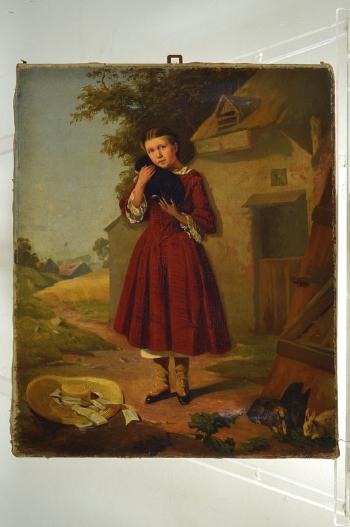 Young girl with rabbit on the arm, in foreground three eating rabbits and sun hat by 
																			Karl Bernhard Mackeldey