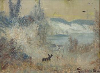 Deer in landscape by 
																	Louis M Eilshemius