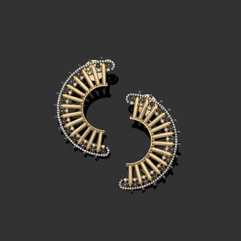 Paire de boucles d'oreilles demi-disque à décor rayonnant en or jaune 18k (750‰) et petits diamants blancs et noirs (un manque) by 
																	Silvia Furmanovich