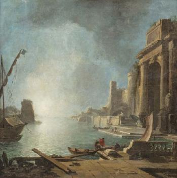 Scène de port au pêcheur; Scène de port aux ruines; Scène de tempête; Bord de mer à la fontaine antique by 
																			Jacques de Lajoue