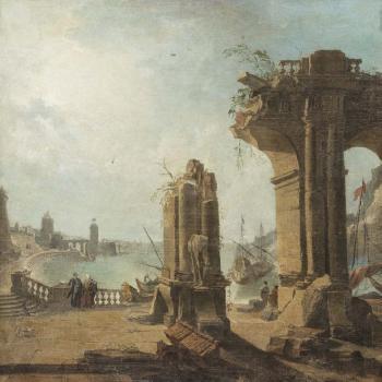 Scène de port au pêcheur; Scène de port aux ruines; Scène de tempête; Bord de mer à la fontaine antique by 
																			Jacques de Lajoue