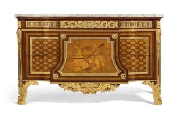 A French Ormolu-Mounted Mahogany, Bois Satiné, Amaranth And Fruitwood Marquetry Commode by 
																	Jean Henri Riesener